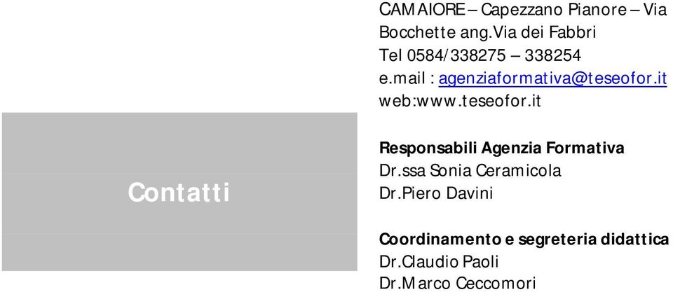 it web:www.teseofor.it Contatti Responsabili Agenzia Formativa Dr.