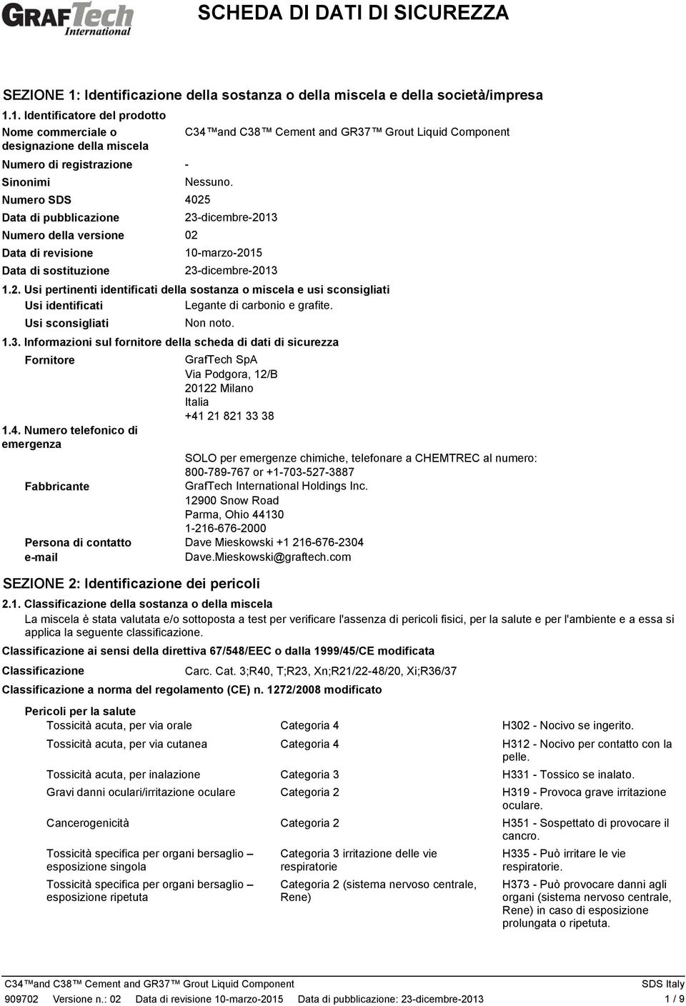 Usi sconsigliati Non noto. 1.3. Informazioni sul fornitore della scheda di dati di sicurezza Fornitore GrafTech SpA Via Podgora, 12/B 20122 Milano Italia +41