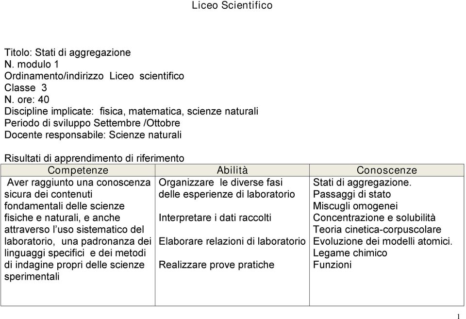 Abilità Conoscenze Aver raggiunto una conoscenza Organizzare le diverse fasi Stati di aggregazione.