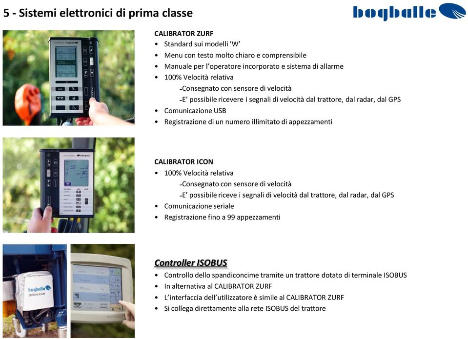 CALIBRATOR ICON 100% Velocità relativa Consegnato con sensore di velocità E possibile riceve i segnali di velocità dal trattore, dal radar, dal GPS Comunicazione seriale Registrazione fino a 99