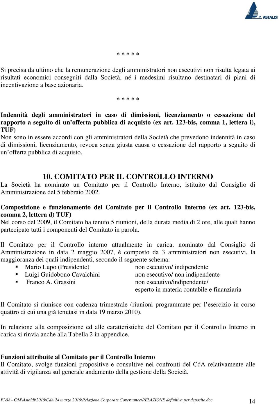 123-bis, comma 1, lettera i), TUF) Non sono in essere accordi con gli amministratori della Società che prevedono indennità in caso di dimissioni, licenziamento, revoca senza giusta causa o cessazione