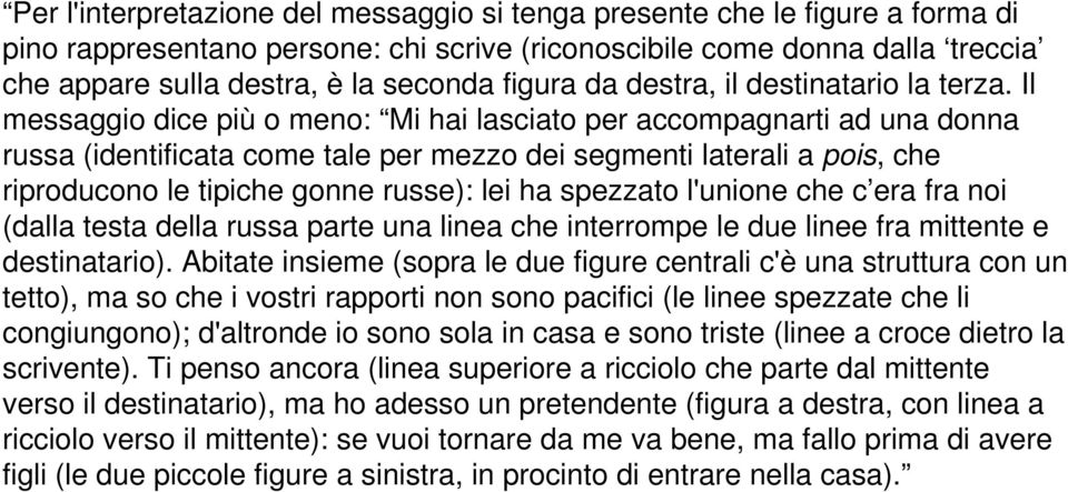 Il messaggio dice più o meno: Mi hai lasciato per accompagnarti ad una donna russa (identificata come tale per mezzo dei segmenti laterali a pois, che riproducono le tipiche gonne russe): lei ha