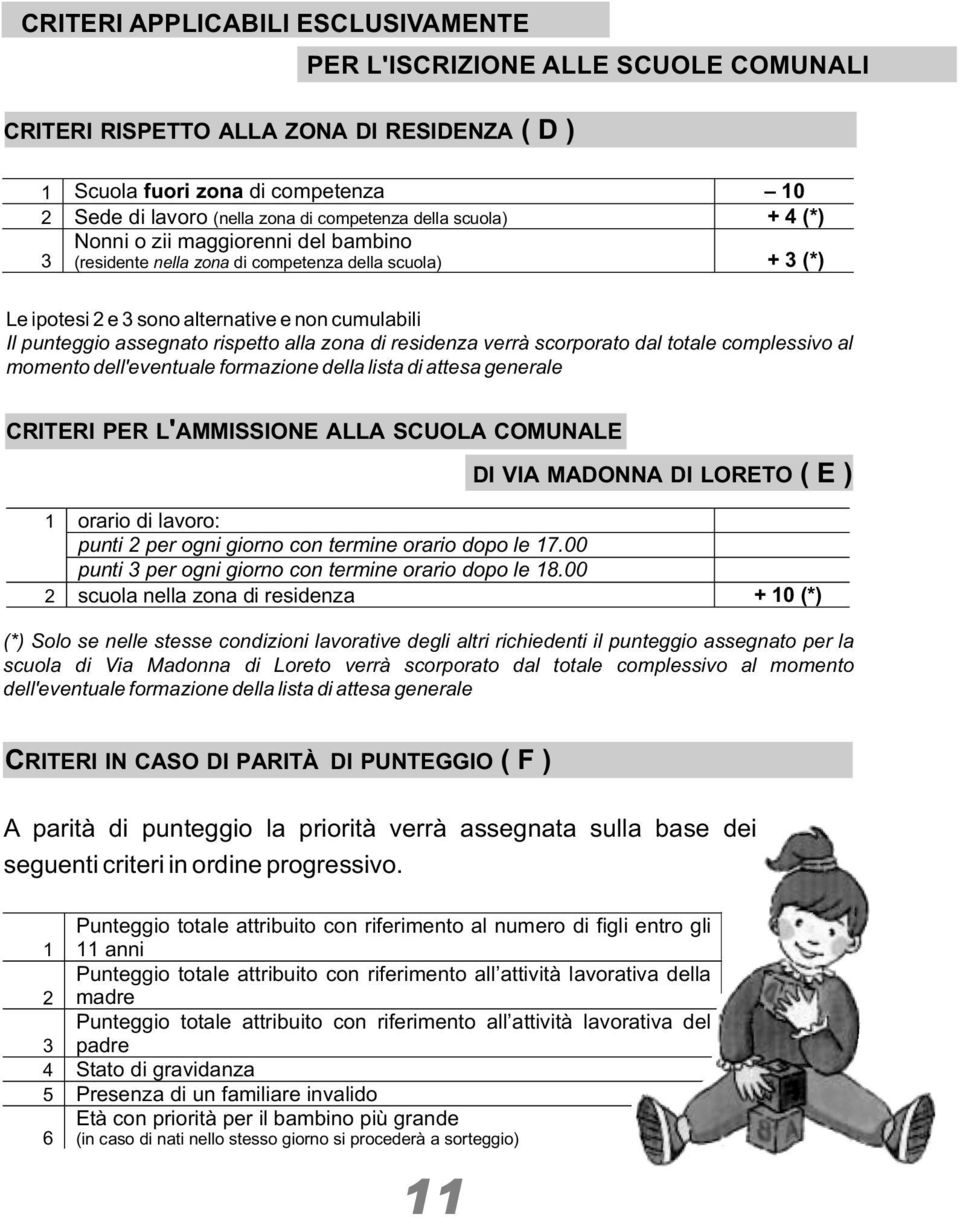 rispetto alla zona di residenza verrà scorporato dal totale complessivo al momento dell'eventuale formazione della lista di attesa generale CRITERI PER L'AMMISSIONE ALLA SCUOLA COMUNALE DI VIA