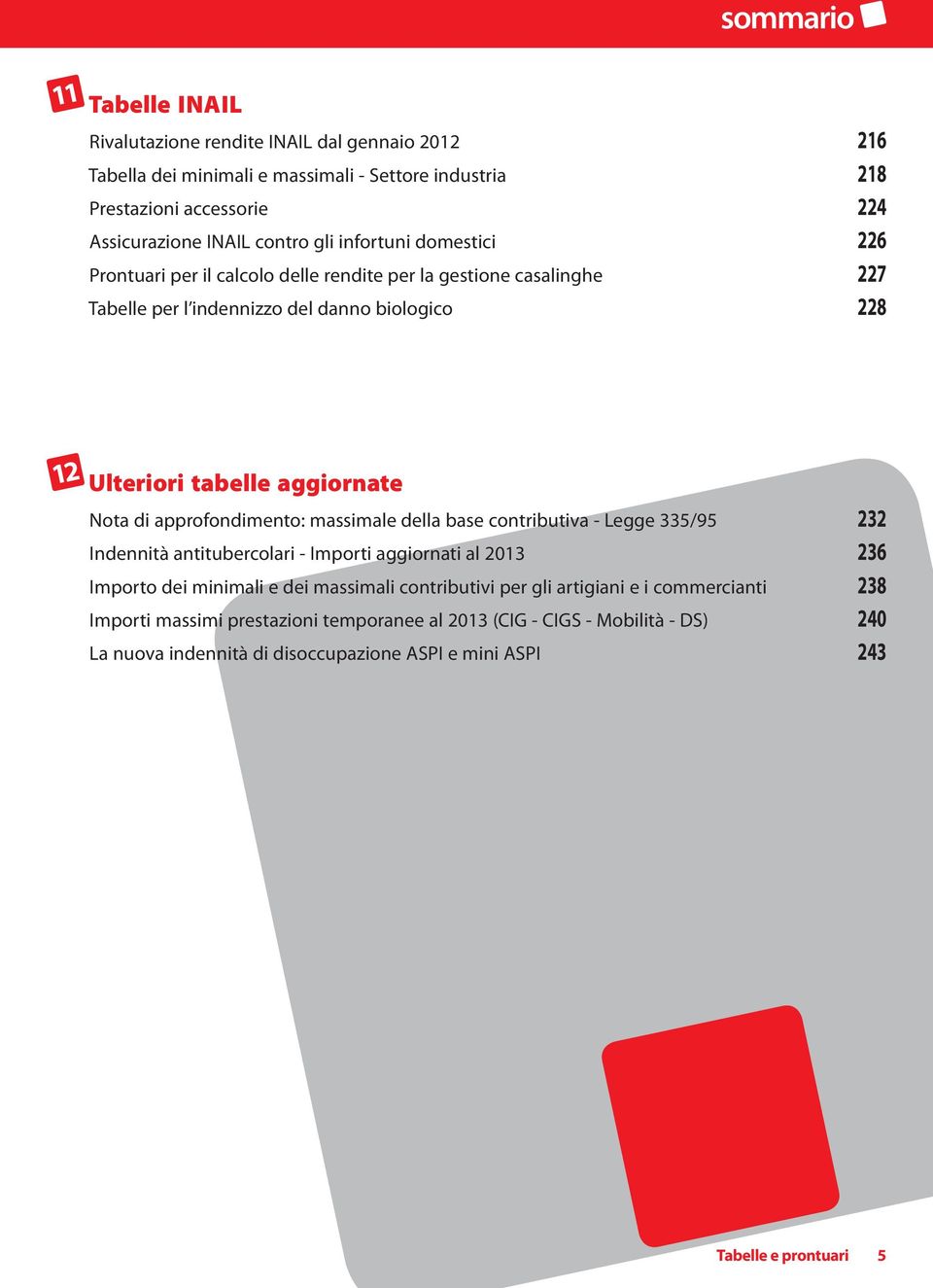 approfondimento: massimale della base contributiva - Legge 335/95 232 Indennità antitubercolari - Importi aggiornati al 2013 236 Importo dei minimali e dei massimali contributivi per