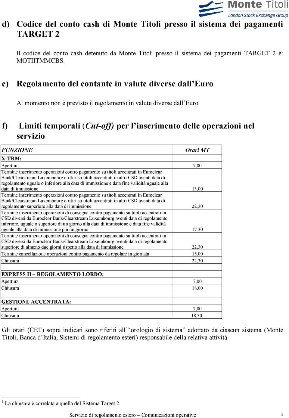 f) Limiti temporali (Cut-off) per l inserimento delle operazioni nel servizio FUNZIONE Orari MT X-TRM: Termine inserimento operazioni contro pagamento su titoli accentrati in Euroclear