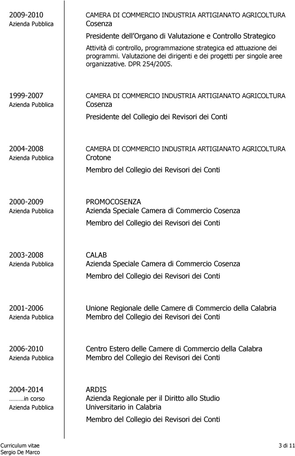 1999-2007 CAMERA DI COMMERCIO INDUSTRIA ARTIGIANATO AGRICOLTURA Azienda Pubblica Cosenza Presidente del Collegio dei Revisori dei Conti 2004-2008 CAMERA DI COMMERCIO INDUSTRIA ARTIGIANATO AGRICOLTURA