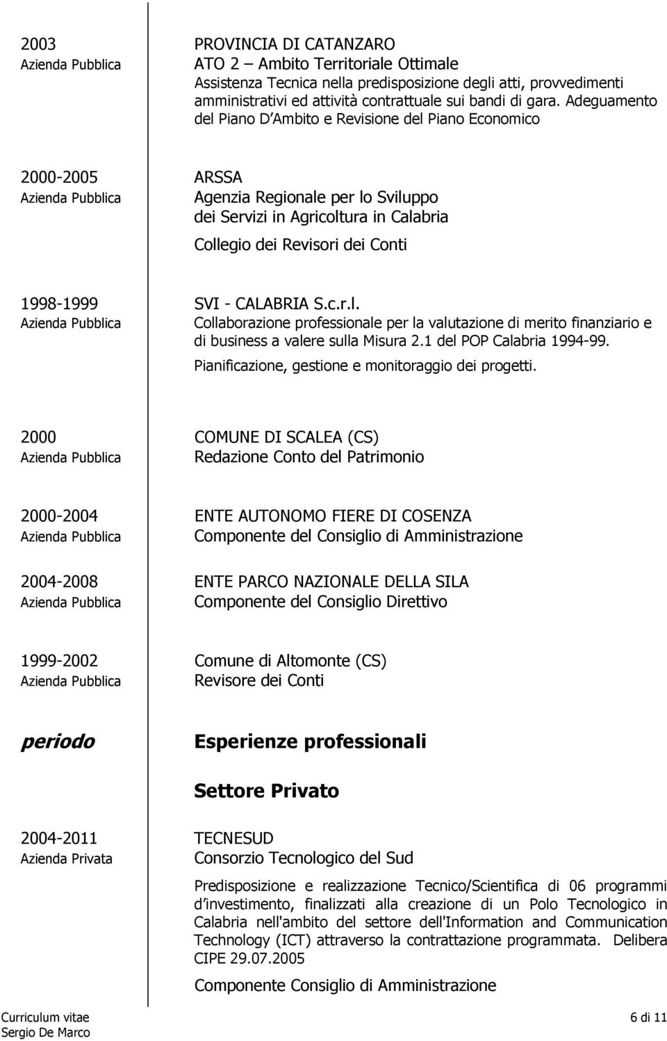 dei Conti 1998-1999 SVI - CALABRIA S.c.r.l. Azienda Pubblica Collaborazione professionale per la valutazione di merito finanziario e di business a valere sulla Misura 2.1 del POP Calabria 1994-99.