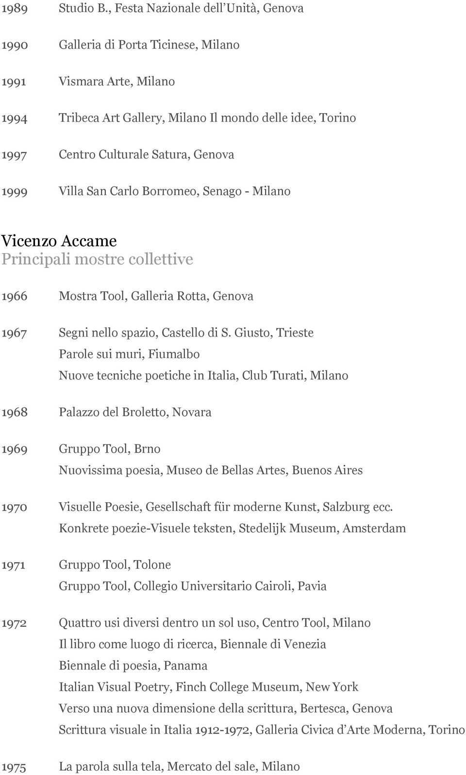 Genova 1999 Villa San Carlo Borromeo, Senago - Milano Vicenzo Accame Principali mostre collettive 1966 Mostra Tool, Galleria Rotta, Genova 1967 Segni nello spazio, Castello di S.