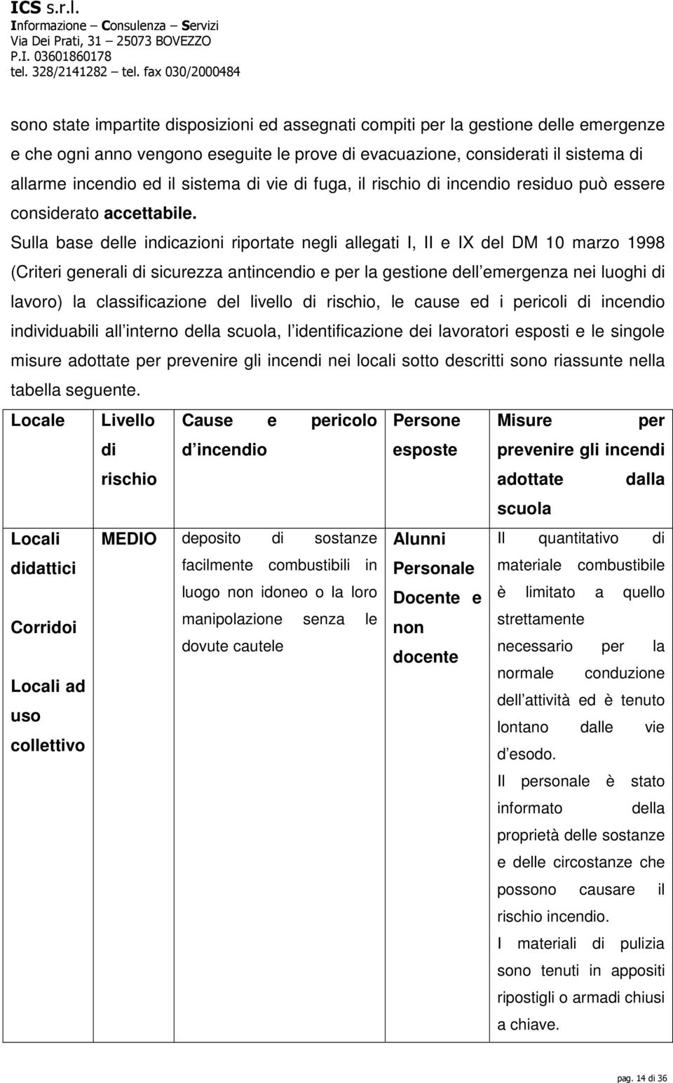 Sulla base delle indicazioni riportate negli allegati I, II e IX del DM 10 marzo 1998 (Criteri generali di sicurezza antincendio e per la gestione dell emergenza nei luoghi di lavoro) la