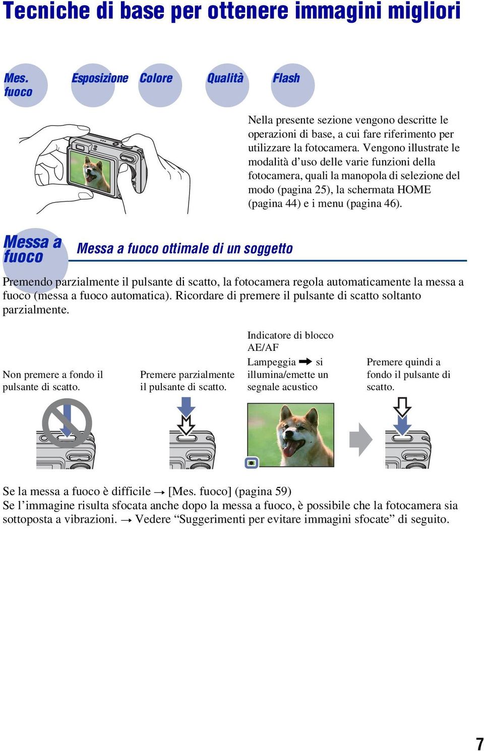 Vengono illustrate le modalità d uso delle varie funzioni della fotocamera, quali la manopola di selezione del modo (pagina 25), la schermata HOME (pagina 44) e i menu (pagina 46).