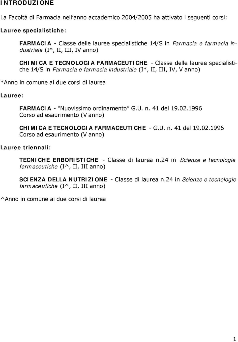 corsi di laurea Lauree: FARMACIA - Nuovissimo ordinamento G.U. n. 41 del 19.02.1996 Corso ad esaurimento (V anno) CHIMICA E TECNOLOGIA FARMACEUTICHE - G.U. n. 41 del 19.02.1996 Corso ad esaurimento (V anno) Lauree triennali: TECNICHE ERBORISTICHE - Classe di laurea n.