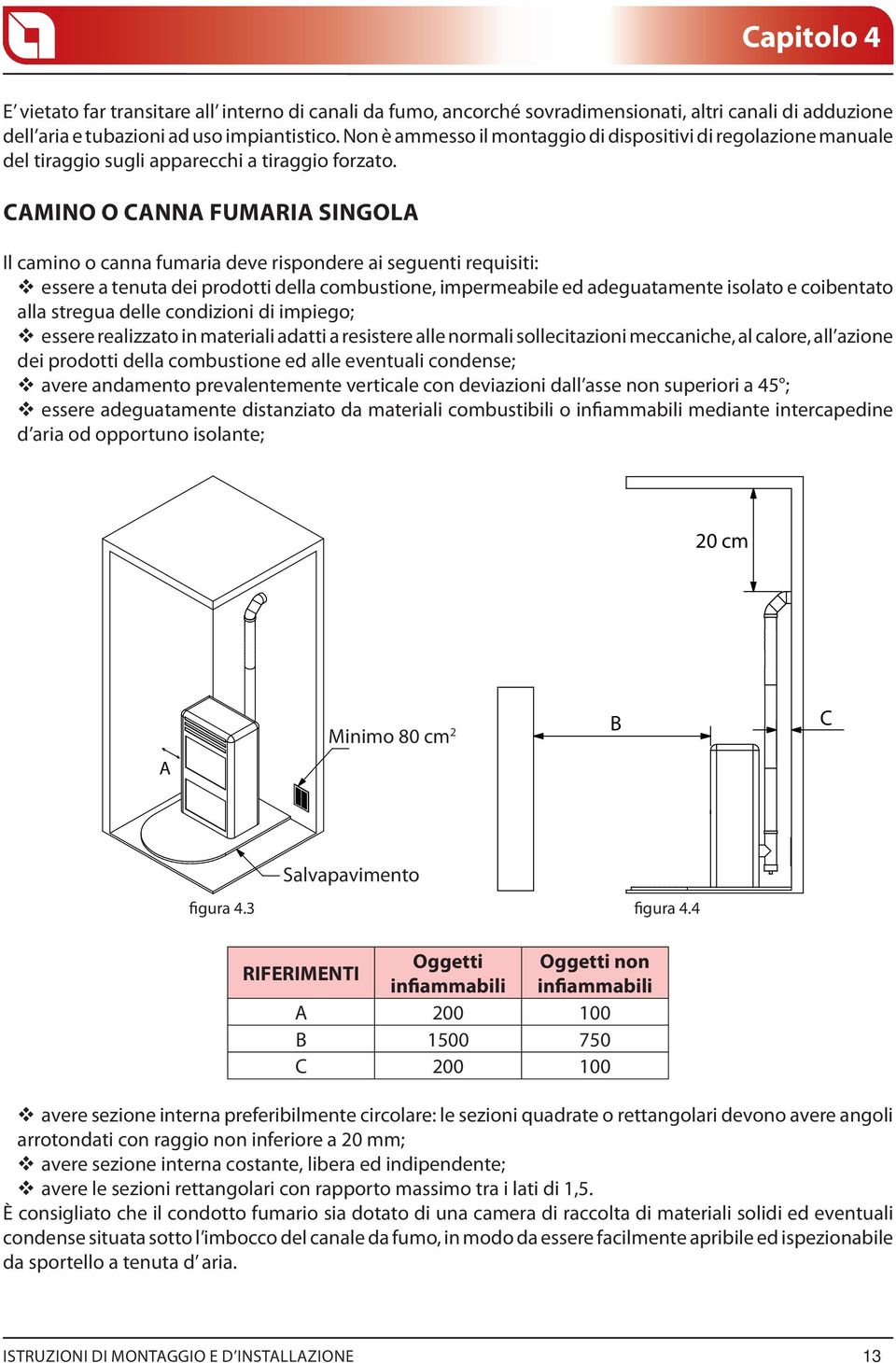 CAMINO O CANNA FUMARIA SINGOLA Il camino o canna fumaria deve rispondere ai seguenti requisiti: essere a tenuta dei prodotti della combustione, impermeabile ed adeguatamente isolato e coibentato alla