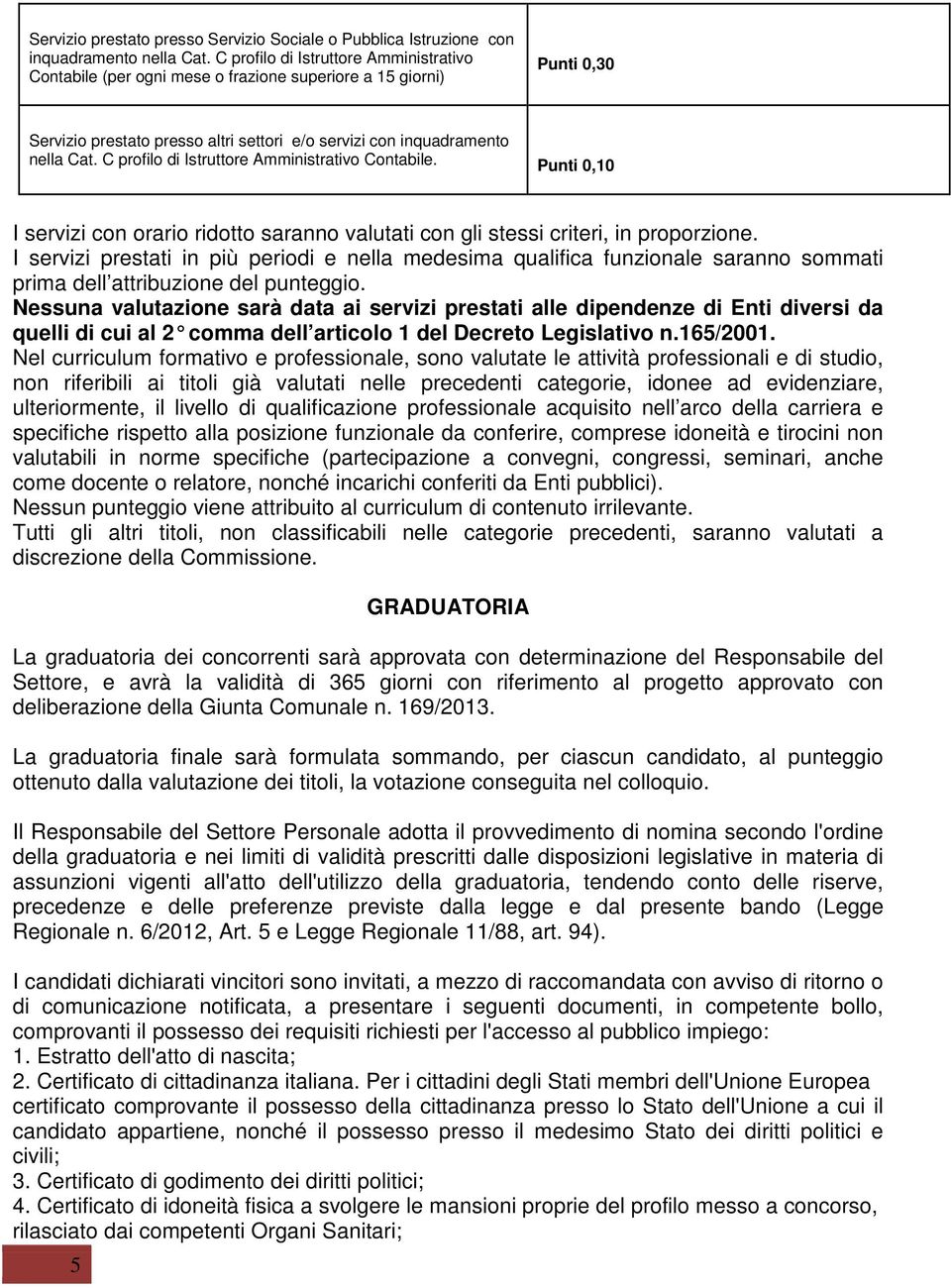 C profilo di Istruttore Amministrativo Contabile. Punti 0,10 I servizi con orario ridotto saranno valutati con gli stessi criteri, in proporzione.