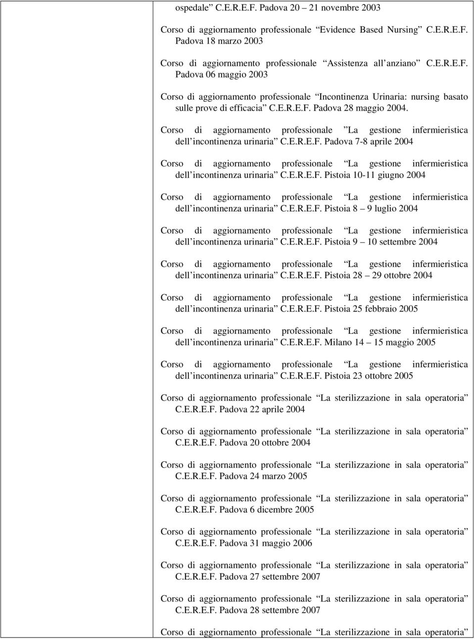 Corso di aggiornamento professionale La gestione infermieristica dell incontinenza urinaria C.E.R.E.F. Padova 7-8 aprile 2004 dell incontinenza urinaria C.E.R.E.F. Pistoia 10-11 giugno 2004 dell incontinenza urinaria C.