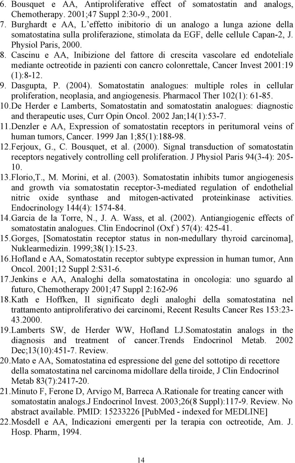 Cascinu e AA, Inibizione del fattore di crescita vascolare ed endoteliale mediante octreotide in pazienti con cancro colonrettale, Cancer Invest 2001:19 (1):8-12. 9. Dasgupta, P. (2004).