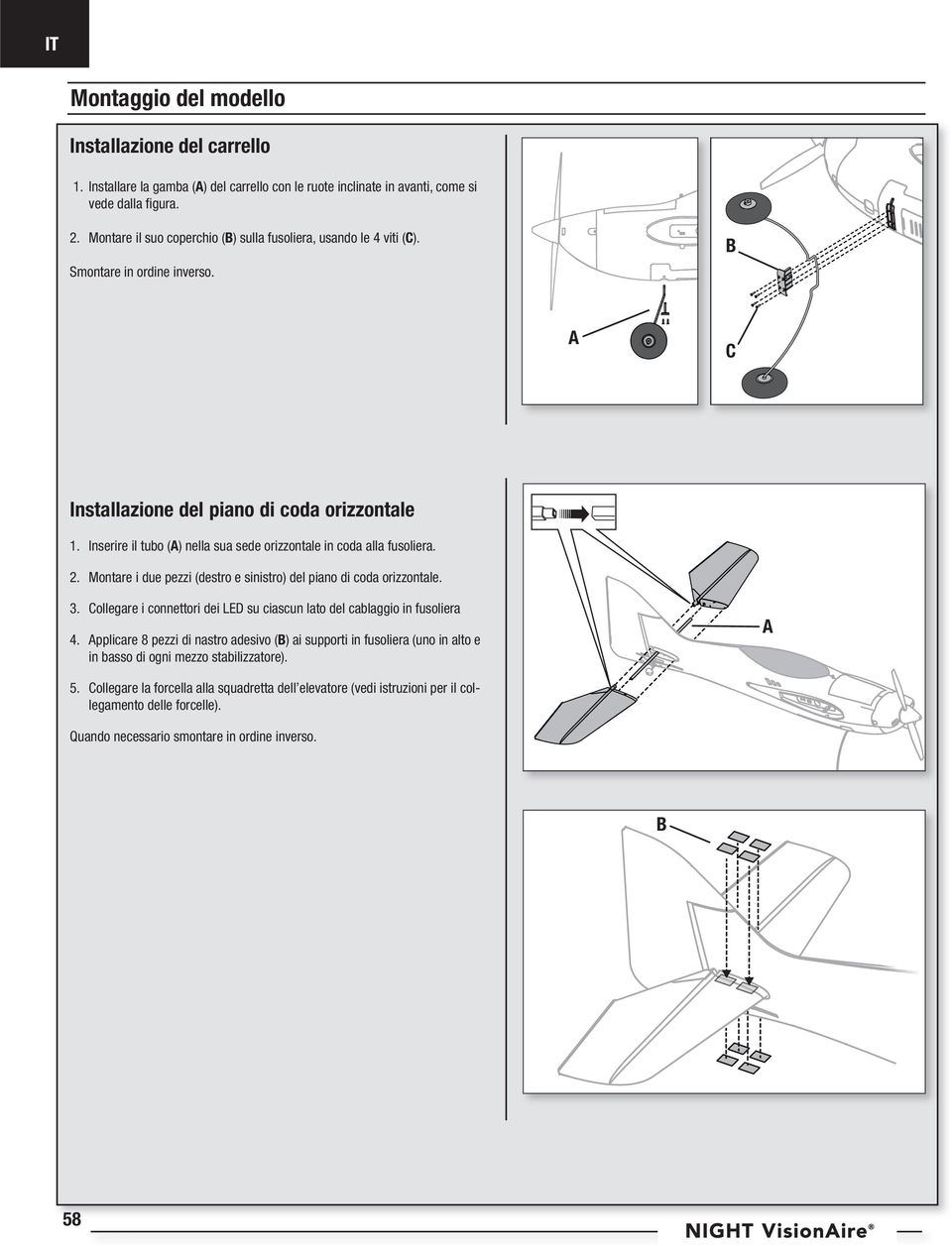 Inserire il tubo (A) nella sua sede orizzontale in coda alla fusoliera. 2. Montare i due pezzi (destro e sinistro) del piano di coda orizzontale. 3.