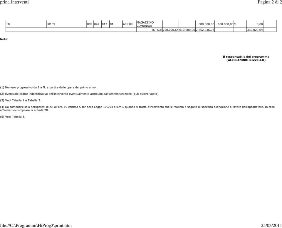 (2) Eventuale codice indentificativo dell'intervento eventualmente attribuito dall'amministrazione (può essere vuoto). (3) Vedi Tabella 1 e Tabella 2.