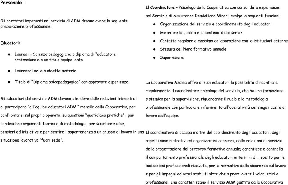 pedagogiche o diploma di educatore professionale o un titolo equipollente Contatto regolare e massima collaborazione con le istituzioni esterne Stesura del Piano formativo annuale Supervisione