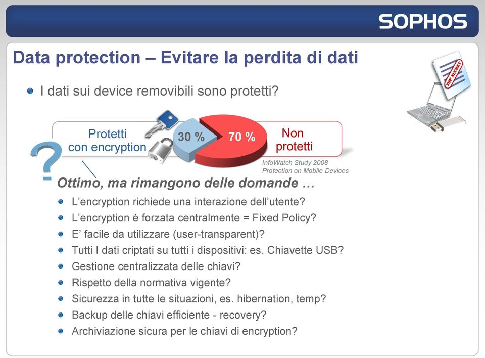 L encryption è forzata centralmente = Fixed Policy? E facile da utilizzare (user-transparent)? Tutti I dati criptati su tutti i dispositivi: es. Chiavette USB?