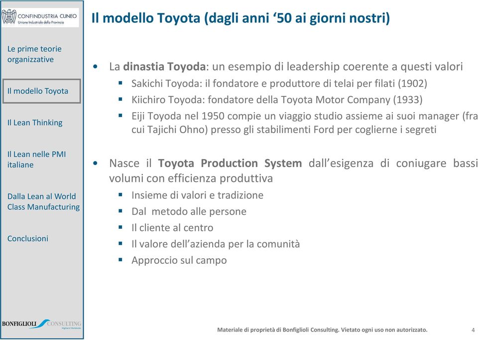 (fra cui Tajichi Ohno) presso gli stabilimenti Ford per coglierne i segreti Nasce il Toyota Production System dall esigenza di coniugare bassi volumi