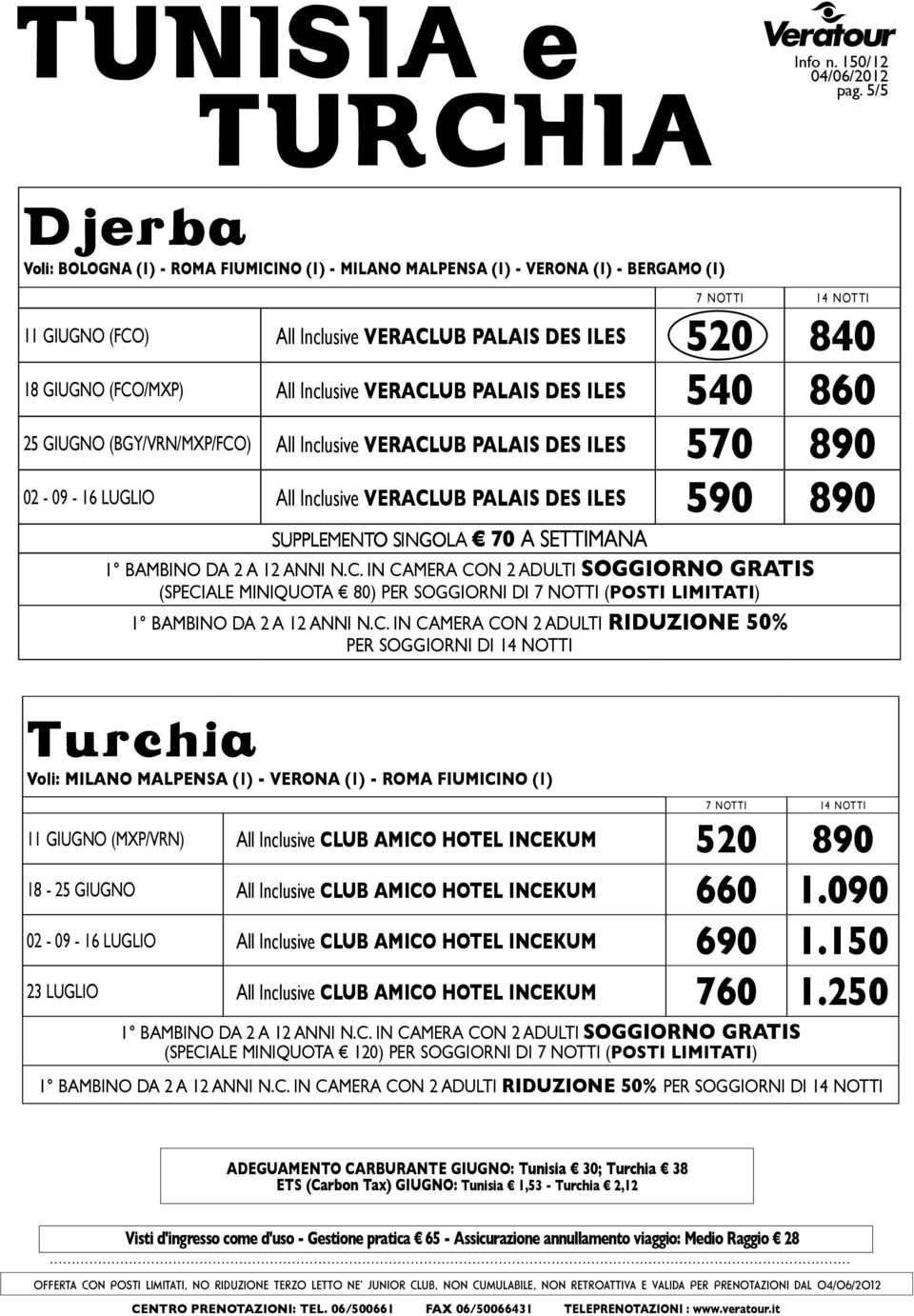 veraclub palais des iles 540 860 25 giugno (bgy/vrn/mxp/fco) All Inclusive veraclub palais des iles 570 890 02-09 - 16 luglio All Inclusive veraclub palais des iles 590 890 supplemento singola 70 a