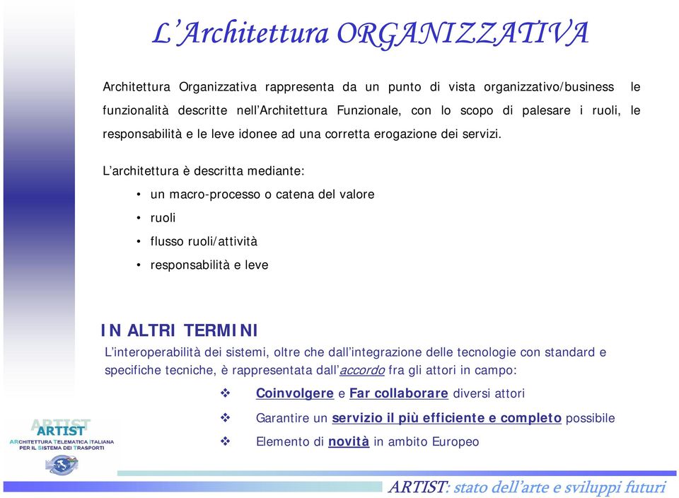 L architettura è descritta mediante: un macro-processo o catena del valore ruoli flusso ruoli/attività responsabilità e leve IN ALTRI TERMINI L interoperabilità dei sistemi, oltre