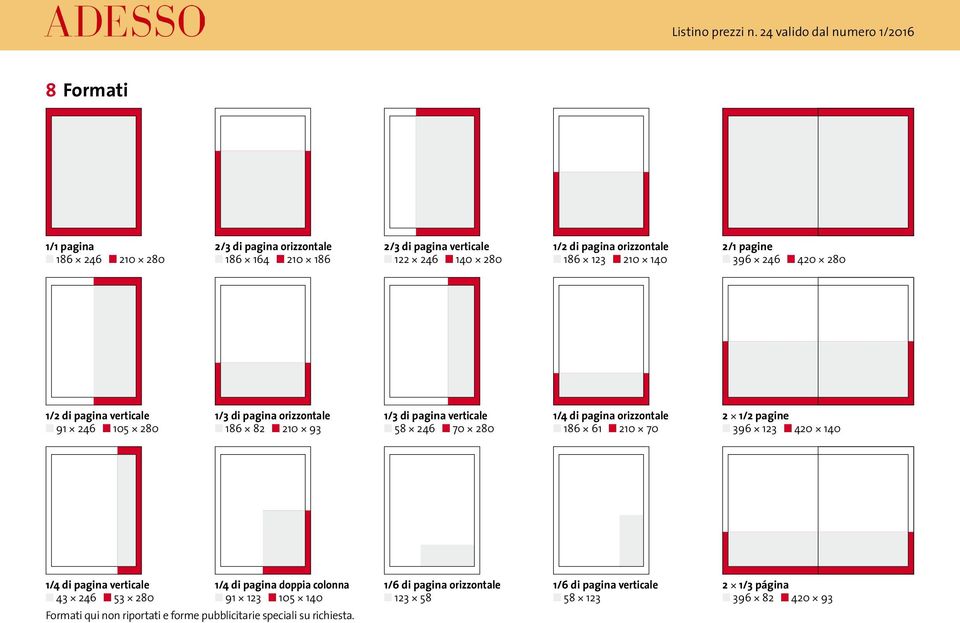 1/4 di pagina orizzontale 186 61 210 70 2 1/2 pagine 396 123 420 140 1/4 di pagina verticale 43 246 53 280 1/4 di pagina doppia colonna 91 123 105 140