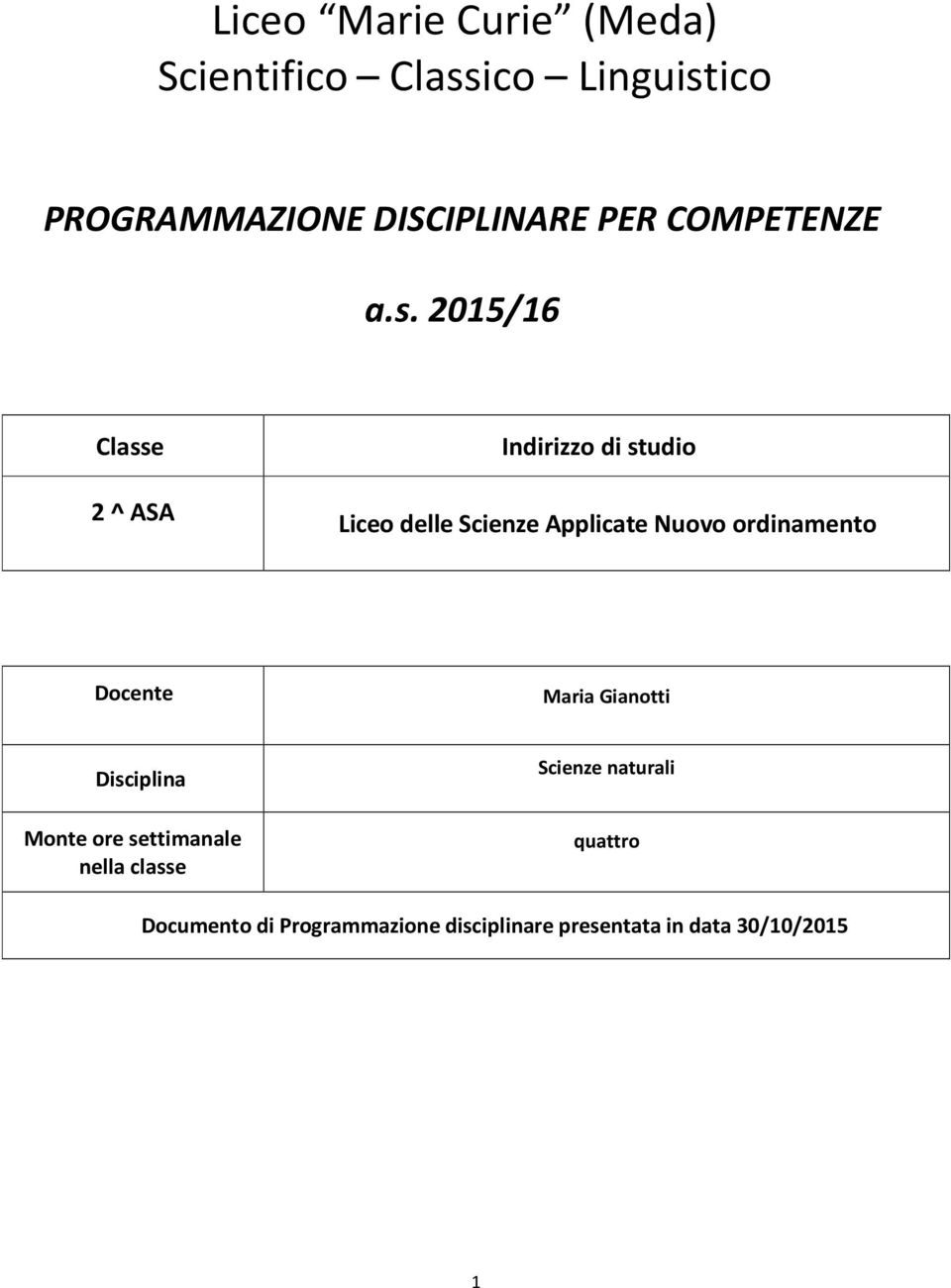 2015/16 Classe 2 ^ ASA Indirizzo di studio Liceo delle Scienze Applicate Nuovo ordinamento