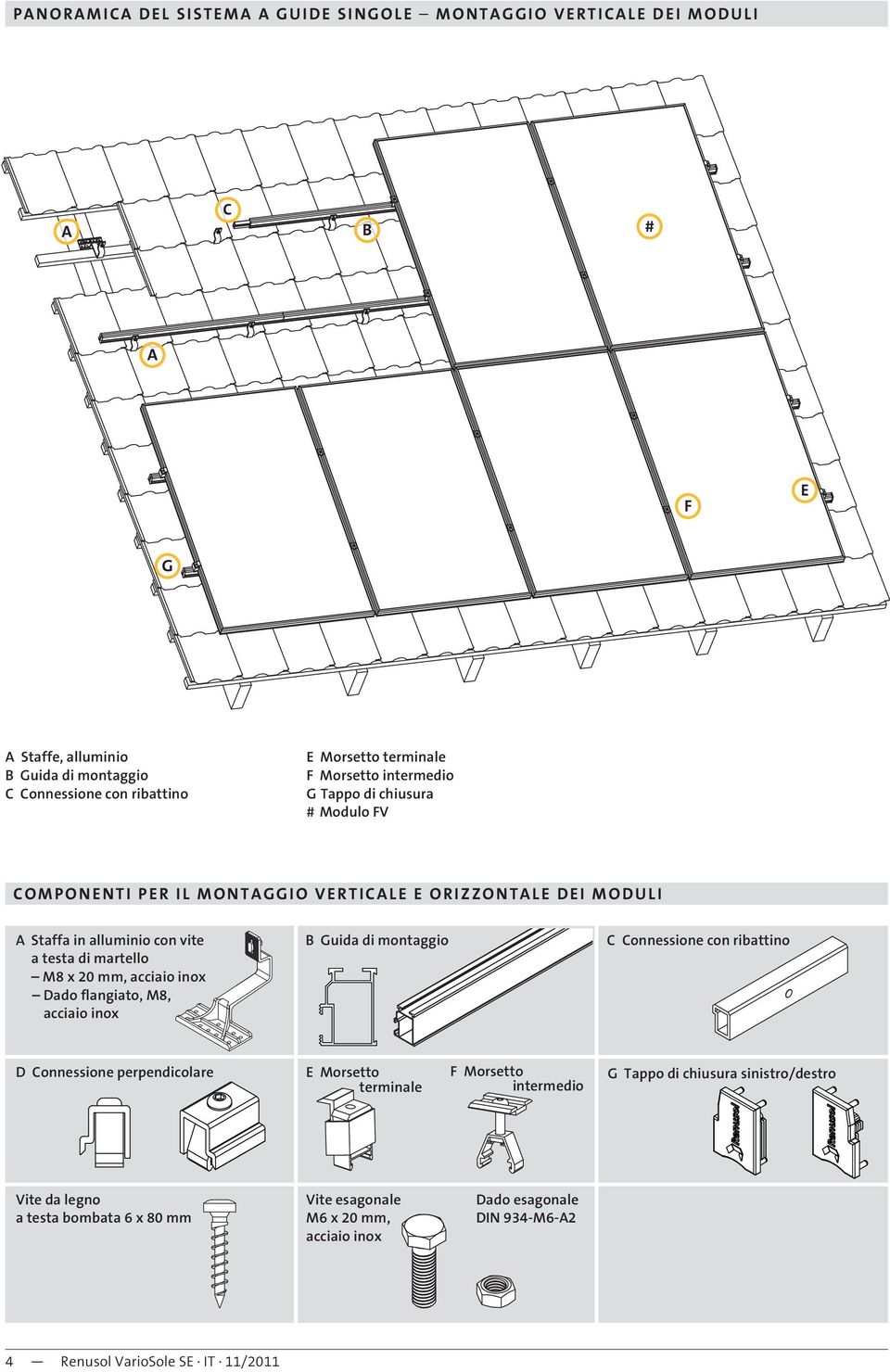 acciaio inox Dado flangiato, M8, acciaio inox Guida di montaggio onnessione con ribattino D onnessione perpendicolare E Morsetto terminale F Morsetto intermedio G