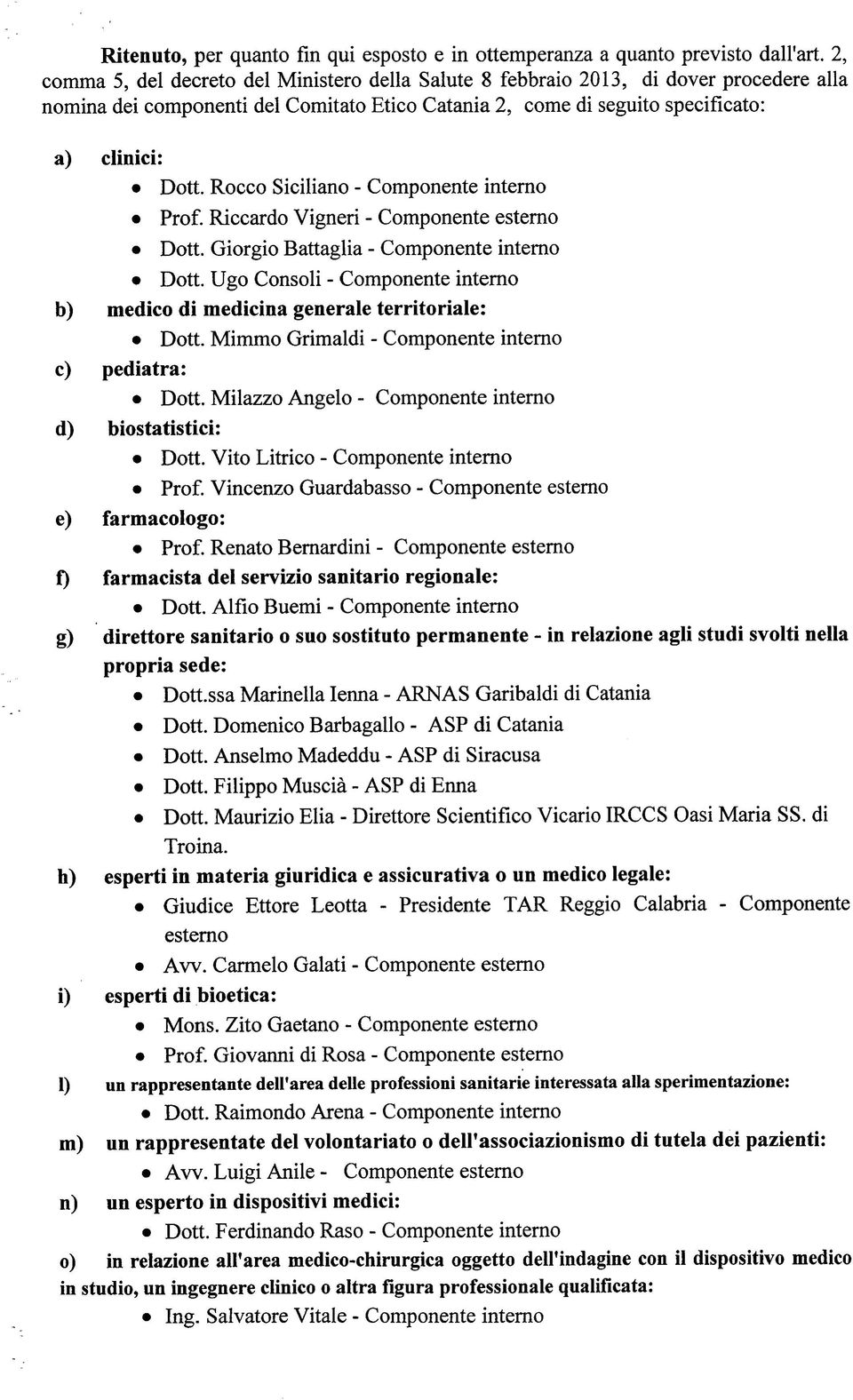 Rocco Siciliano - Componente interno Prof. Riccardo Vigneri - Componente esterno Dott. Giorgio Battaglia - Componente interno Dott.