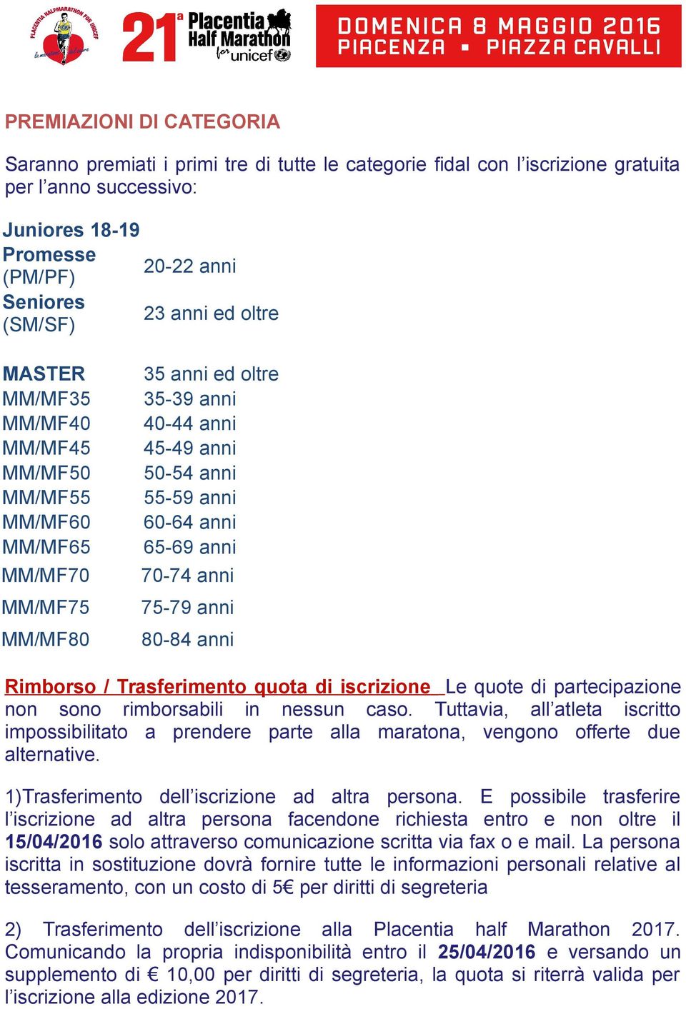 anni 75-79 anni 80-84 anni Rimborso / Trasferimento quota di iscrizione Le quote di partecipazione non sono rimborsabili in nessun caso.