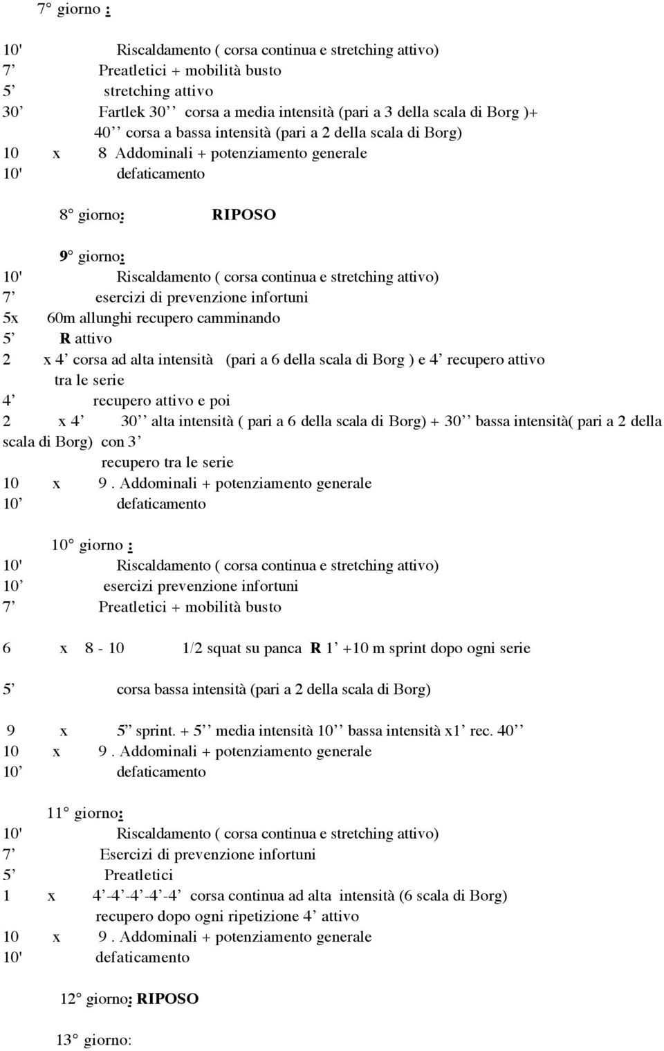 attivo tra le serie 4 recupero attivo e poi 2 x 4 30 alta intensità ( pari a 6 della scala di Borg) + 30 bassa intensità( pari a 2 della scala di Borg) con 3 recupero tra le serie 10 x 9.
