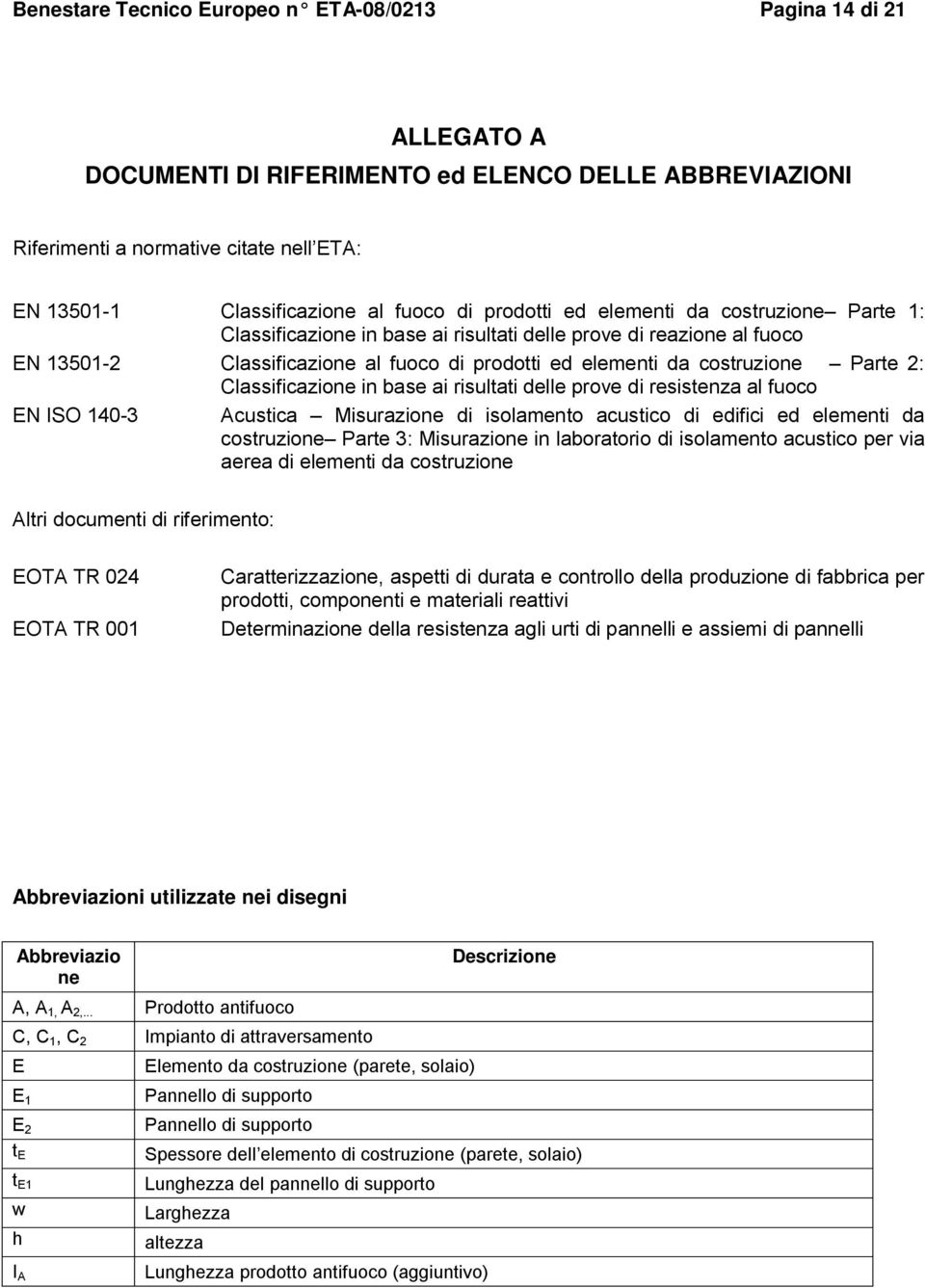 2: Classificazione in base ai risultati delle prove di resistenza al fuoco EN ISO 140-3 Acustica Misurazione di isolamento acustico di edifici ed elementi da costruzione Parte 3: Misurazione in