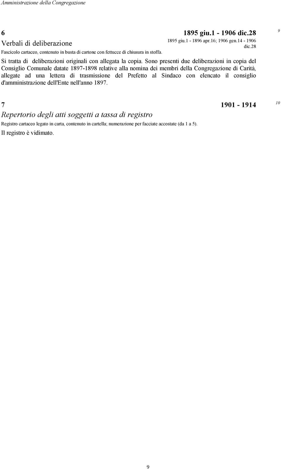 Sono presenti due deliberazioni in copia del Consiglio Comunale datate 1897-1898 relative alla nomina dei membri della Congregazione di Carità, allegate ad una