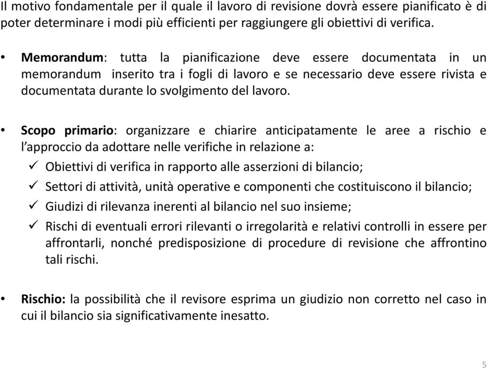 Scopo primario: organizzare e chiarire anticipatamente le aree a rischio e l approccio da adottare nelle verifiche in relazione a: Obiettivi di verifica in rapporto alle asserzioni di bilancio;