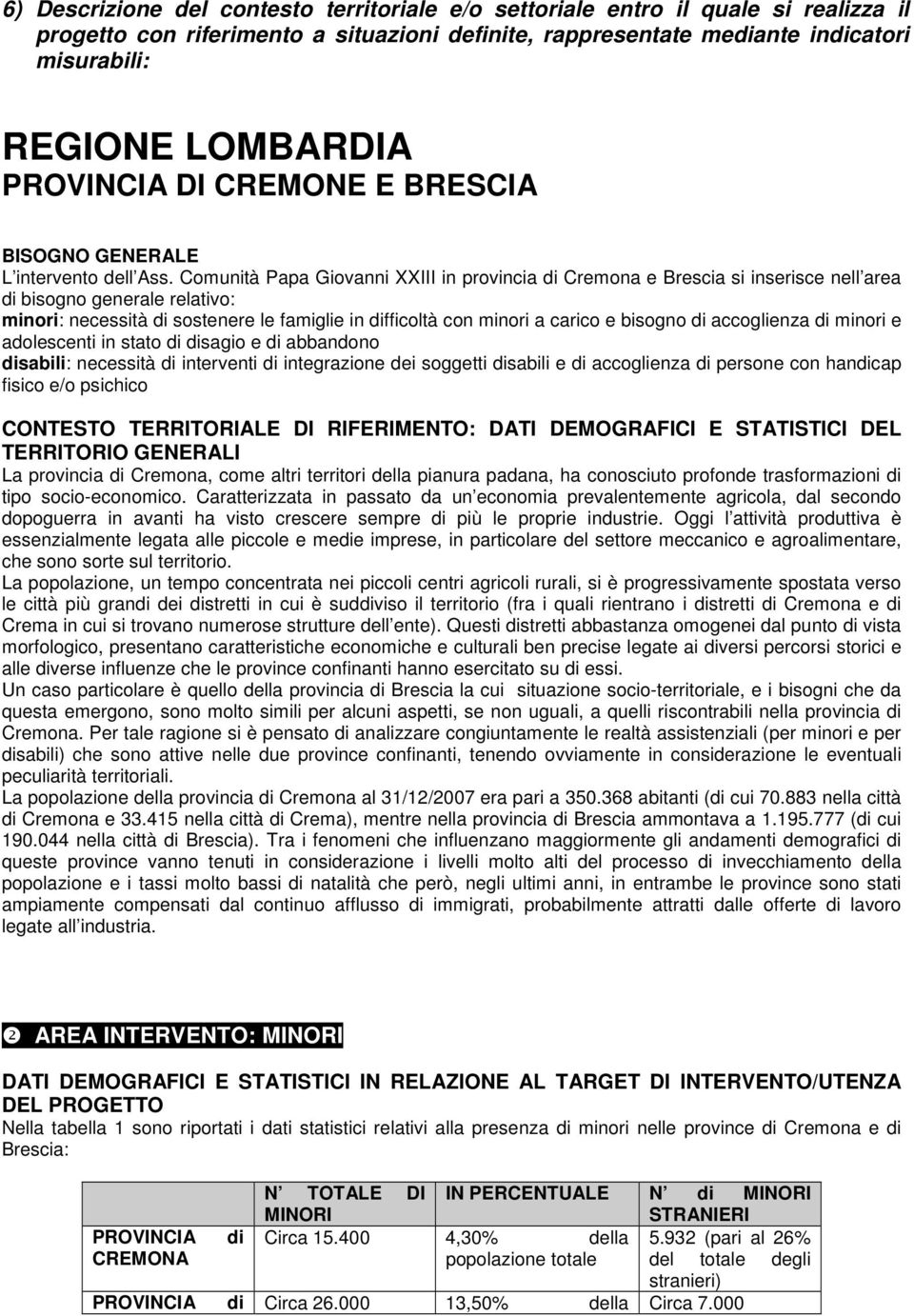 Comunità Papa Giovanni XXIII in provincia di Cremona e Brescia si inserisce nell area di bisogno generale relativo: minori: necessità di sostenere le famiglie in difficoltà con minori a carico e