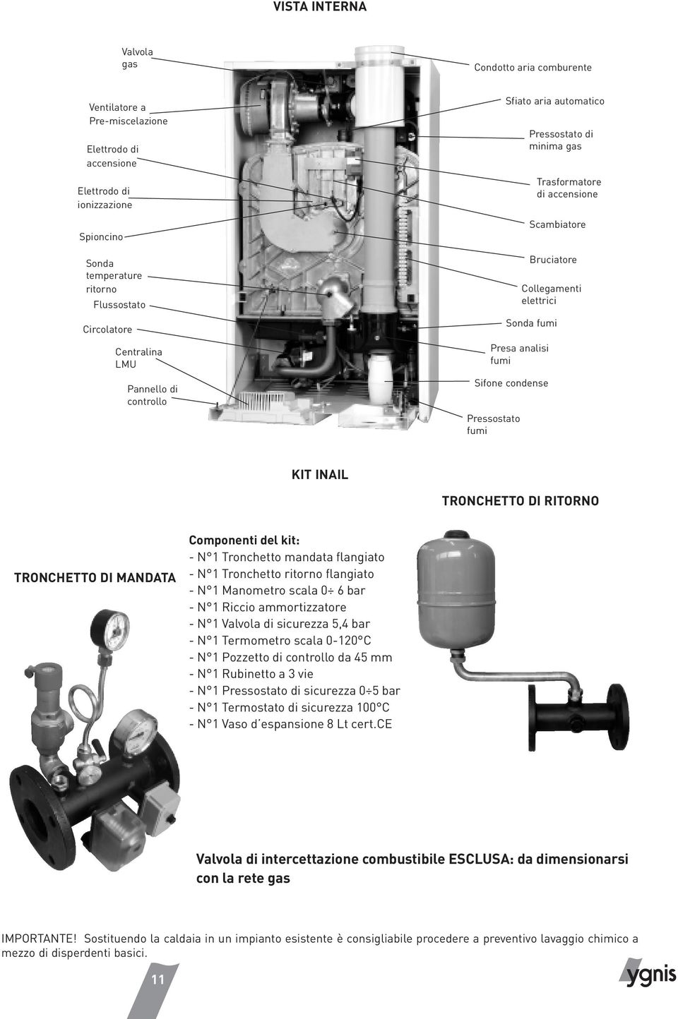 condense Pressostato fumi Kit INAIL Tronchetto di ritorno Tronchetto di mandata Componenti del kit: - N 1 Tronchetto mandata flangiato - N 1 Tronchetto ritorno flangiato - N 1 Manometro scala 0 6 bar