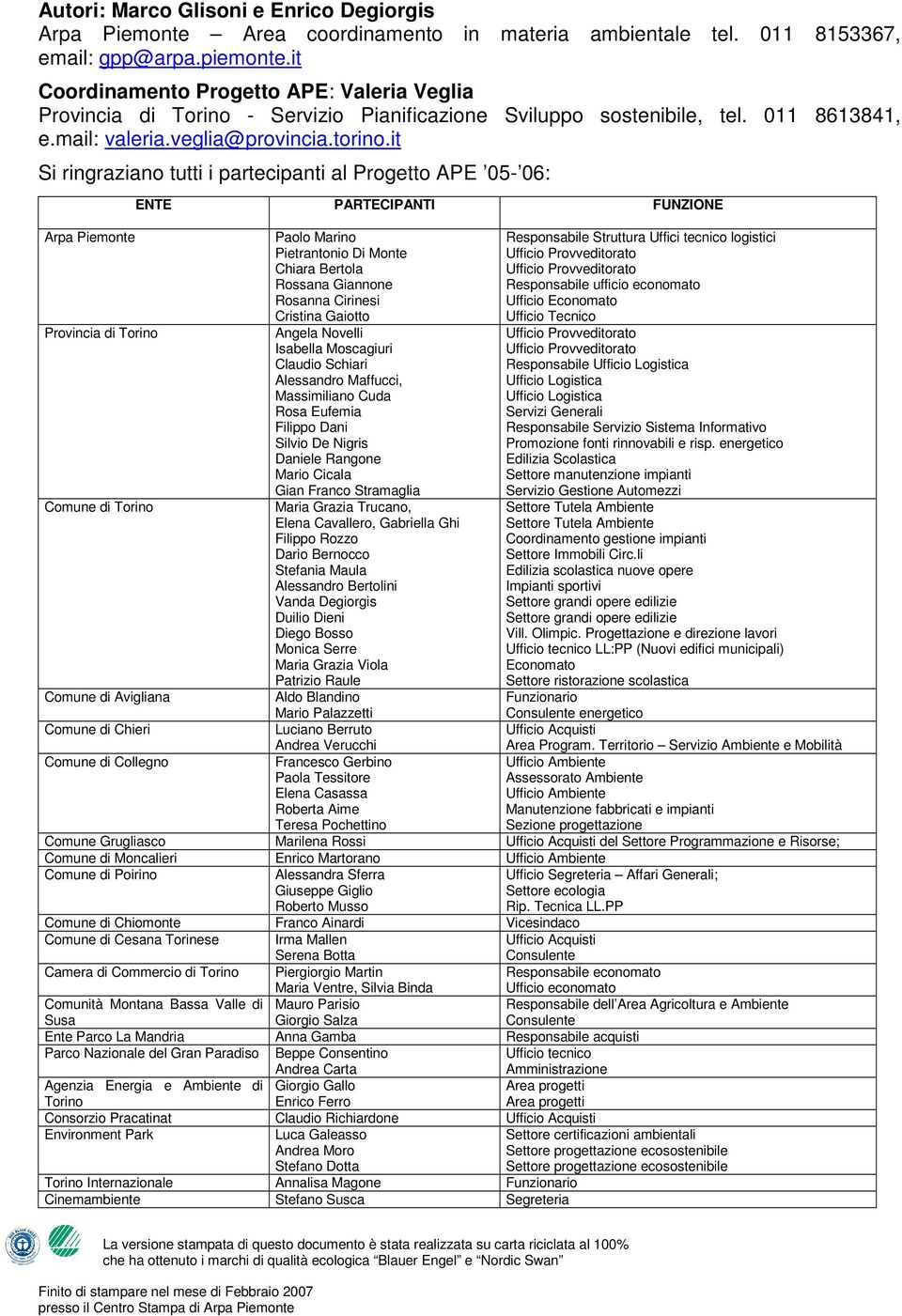 it Si ringraziano tutti i partecipanti al Progetto APE 05-06: ENTE PARTECIPANTI FUNZIONE Arpa Piemonte Paolo Marino Pietrantonio Di Monte Chiara Bertola Rossana Giannone Rosanna Cirinesi Cristina