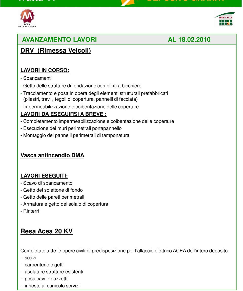 coperture - Esecuzione dei muri perimetrali portapannello - Montaggio dei pannelli perimetrali di tamponatura Vasca antincendio DMA - Scavo di sbancamento - Getto del solettone di fondo - Getto delle