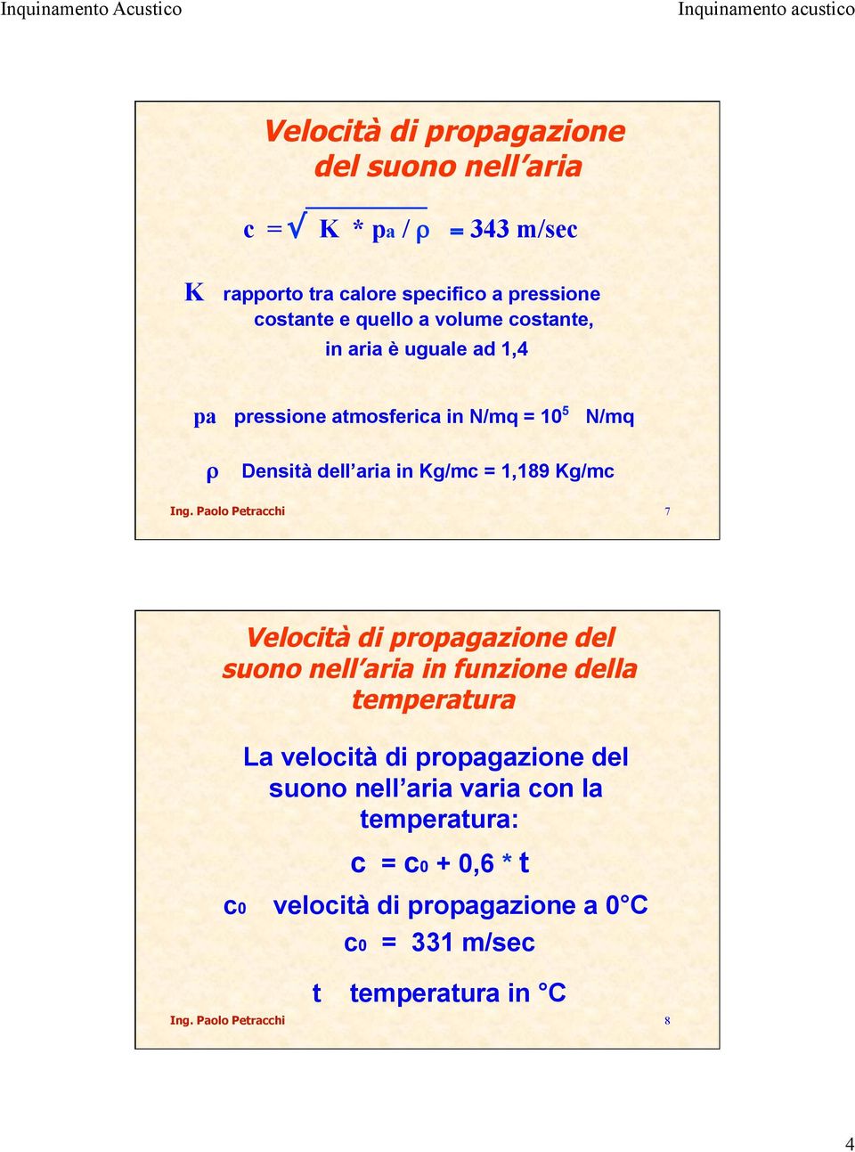 Paolo Petracchi 7 Velocità di propagazione del suono nell aria in funzione della temperatura La velocità di propagazione del suono nell