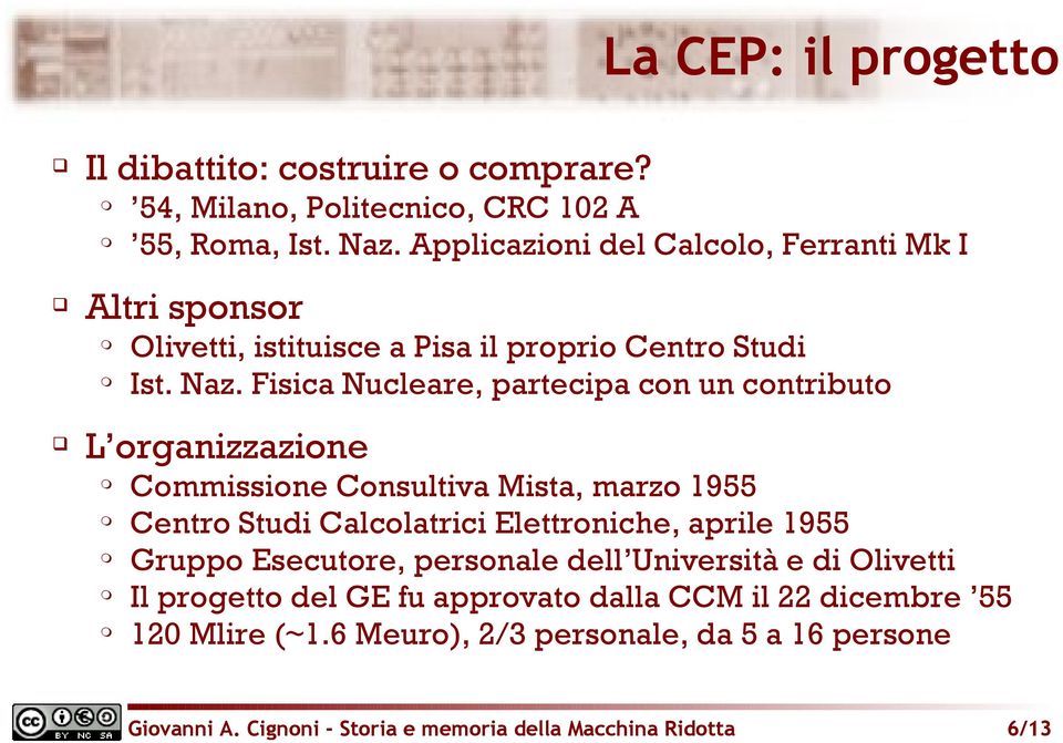 Fisica Nucleare, partecipa con un contributo L organizzazione Commissione Consultiva Mista, marzo 1955 Centro Studi Calcolatrici Elettroniche, aprile 1955