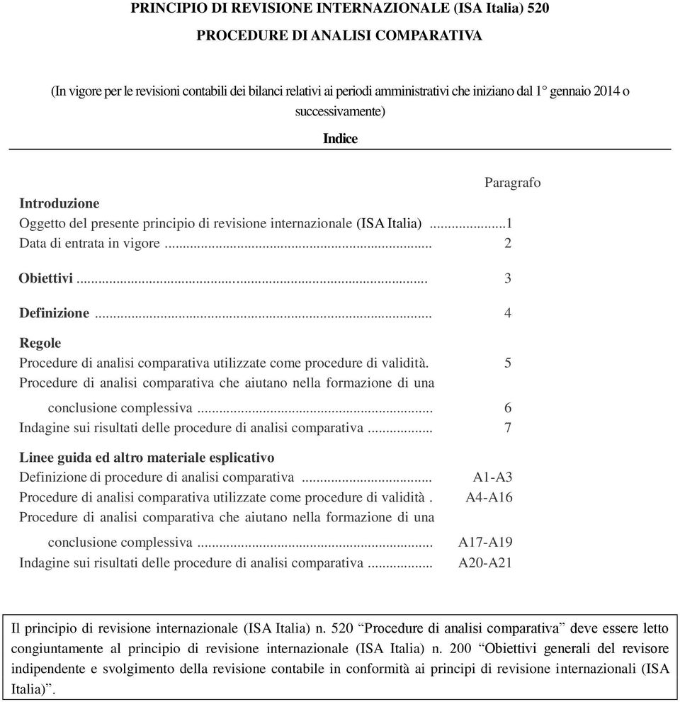 .. 4 Regole Procedure di analisi comparativa utilizzate come procedure di validità. 5 Procedure di analisi comparativa che aiutano nella formazione di una conclusione complessiva.