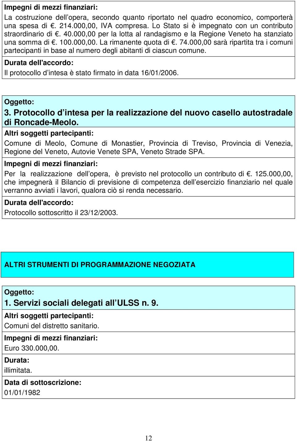 00 sarà ripartita tra i comuni partecipanti in base al numero degli abitanti di ciascun comune. Durata dell'accordo: Il protocollo d intesa è stato firmato in data 16/01/2006. Oggetto: 3.