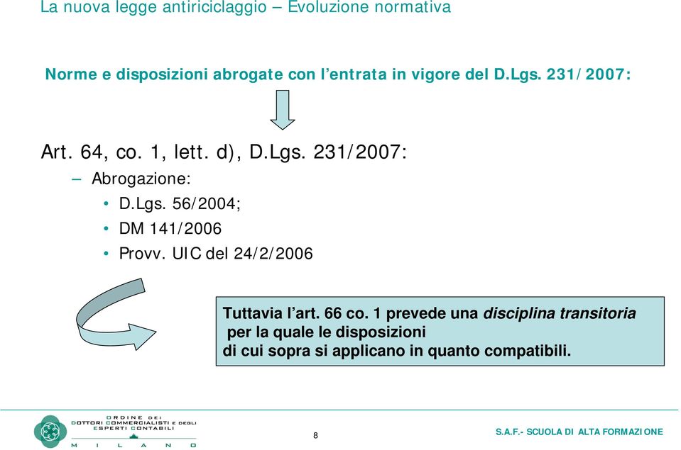 Lgs. 56/2004; DM 141/2006 Provv. UIC del 24/2/2006 Tuttavia l art. 66 co.