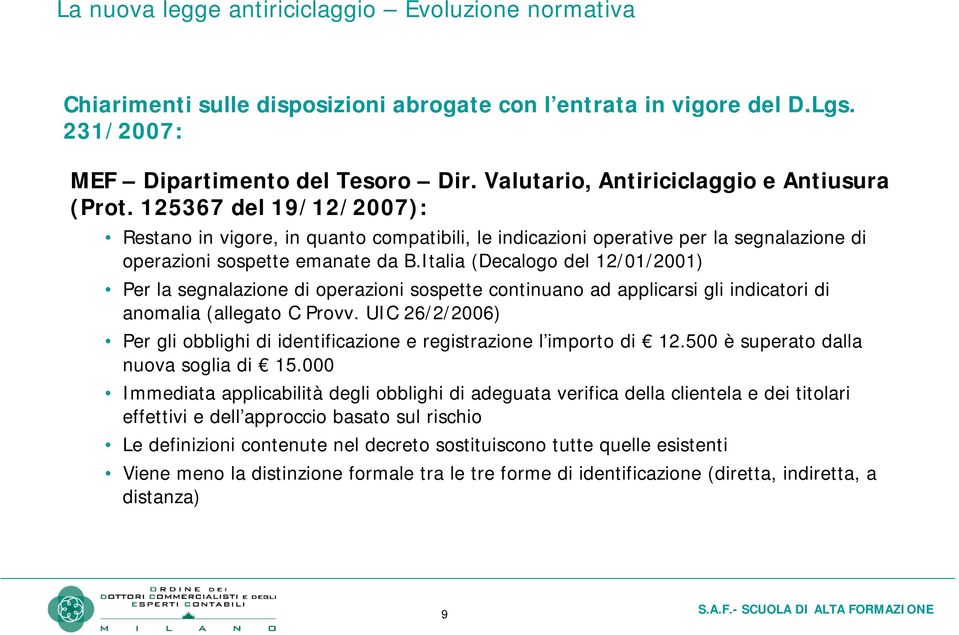 Italia (Decalogo del 12/01/2001) Per la segnalazione di operazioni sospette continuano ad applicarsi gli indicatori di anomalia (allegato C Provv.