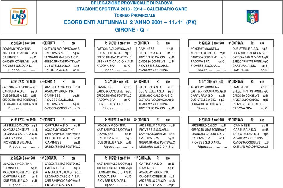 b LEGNARO CALCIO A.S.D. CANOSSA CONSELVE sq.b PADOVA SPA sq.c PIOVESE S.S.D.AR.L. Riposa... ACADEMY VIGONTINA ACADEMY VIGONTINA DUE STELLE A.S.D. sq.b ARZERELLO CALCIO sq.b LEGNARO CALCIO A.S.D. CANOSSA CONSELVE sq.b CAET SAN PAOLO PADOVAsq.