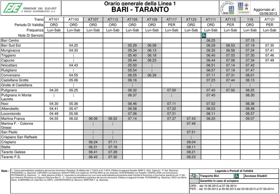 49 Noicattaro 04.43 05.50 06.51 07.14 07.42 Rutigliano 05.54 06.57 07.19 07.47 Conversano 04.55 06.05 06.39 07.11 07.31 08.01 Castellana Grotte 05.06 06.16 07.23 07.44 08.