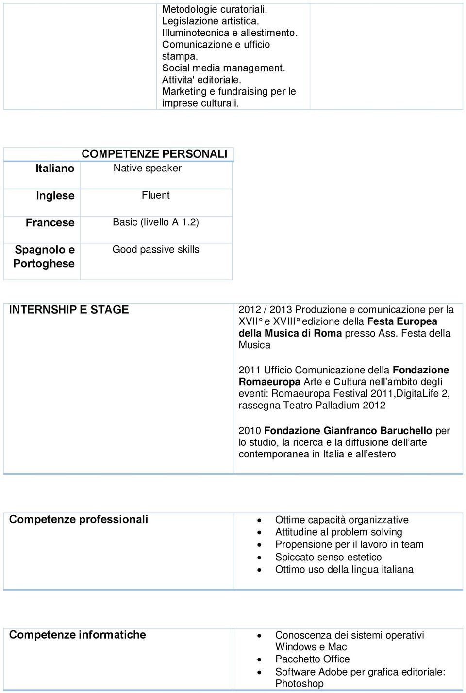2) Spagnolo e Portoghese Good passive skills INTERNSHIP E STAGE 2012 / 2013 Produzione e comunicazione per la XVII e XVIII edizione della Festa Europea della Musica di Roma presso Ass.