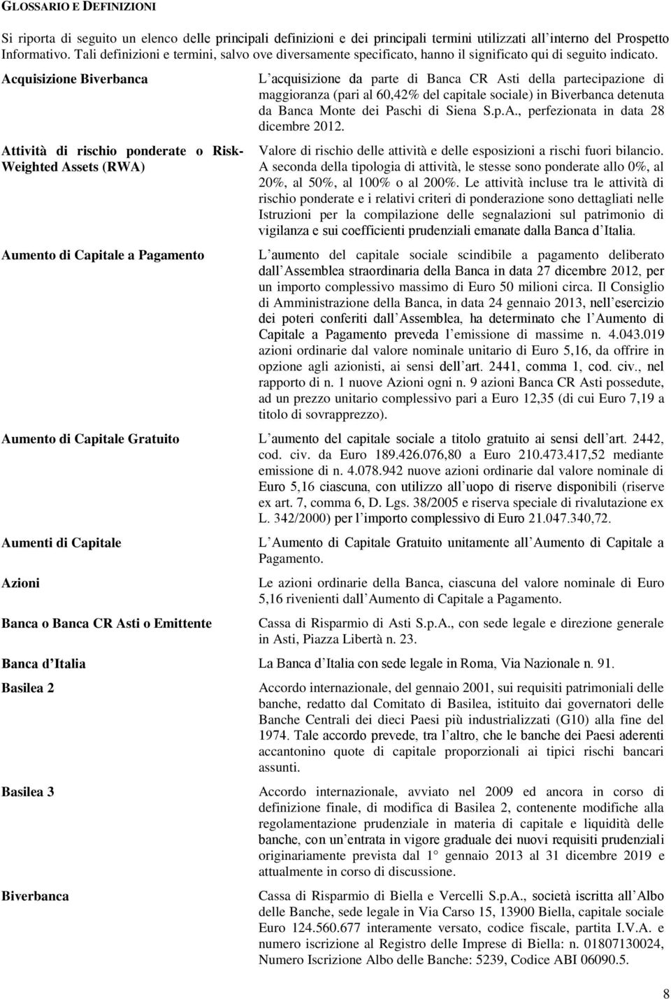 Acquisizione Biverbanca Attività di rischio ponderate o Risk- Weighted Assets (RWA) Aumento di Capitale a Pagamento L acquisizione da parte di Banca CR Asti della partecipazione di maggioranza (pari