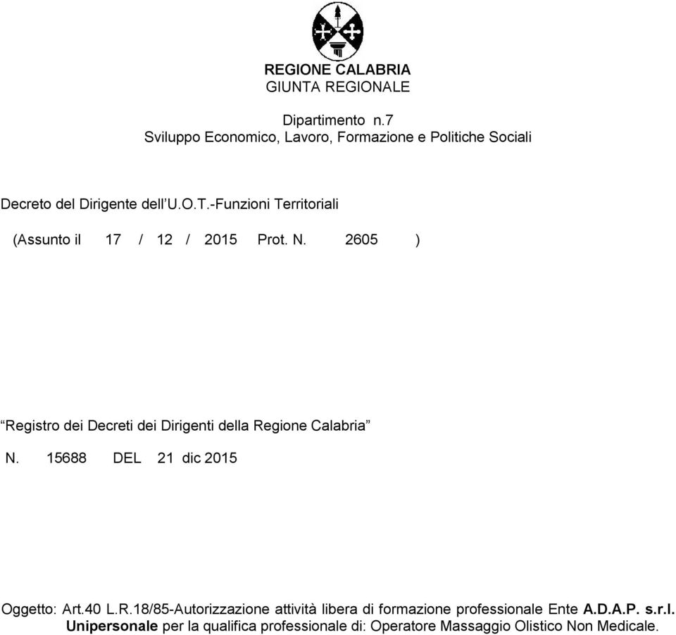 -Funzioni Territoriali (Assunto il 17 / 12 / 2015 Prot. N.